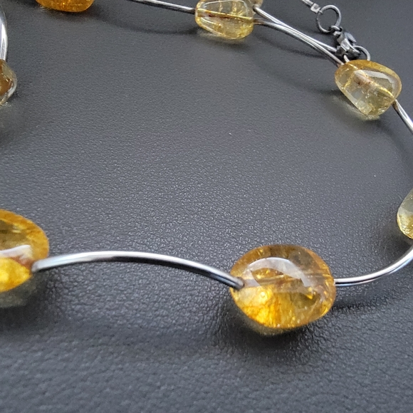 Natural Citrine Nugget Necklace 925 Sterling Silver Scalloped Wire Strand - Picture 6 of 8